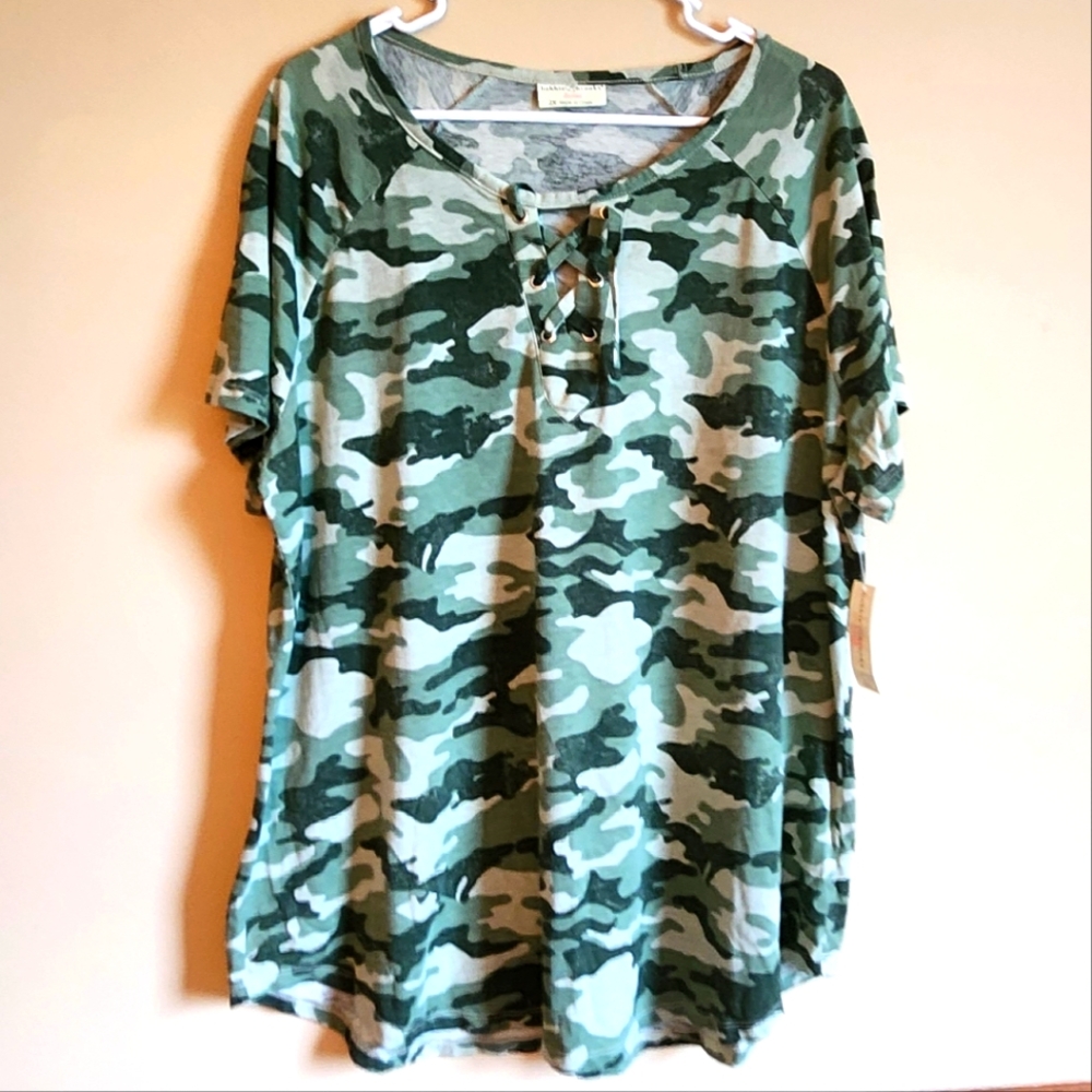 BOBBIE BROOKS New Top Shirt Blouse Camouflage Army Hunting Stretchy Size 2XL NWT